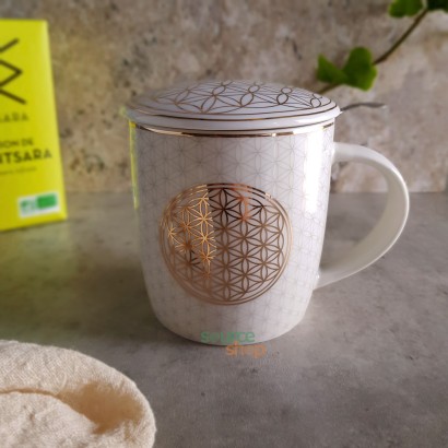 Mug à infusion en porcelaine avec filtre en inox - Fleur de Vie or