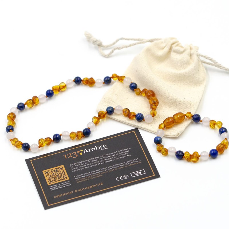 Kit Collier + bracelet bébé  - Ambre, Lapis Lazuli & Agate - 123Ambre
