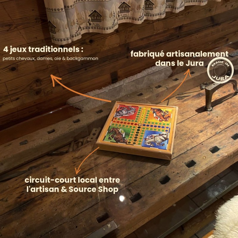 Coffret 4 jeux de société traditionnels en buis du Jura