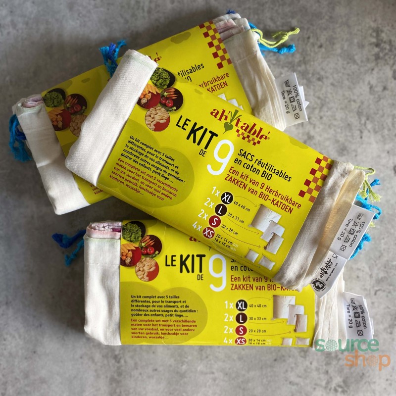 Kit 9 sacs coton BIO réutilisables pour aliments vrac - Ah! Table!