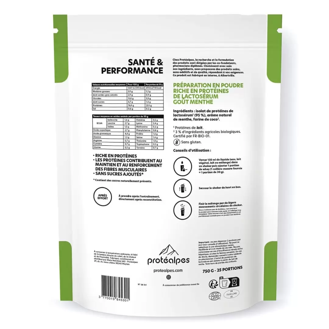 Whey Protéine Menthe - 750g - Sans Sucres Ajoutés | Protéalpes
