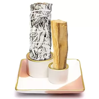 Brûleur de fumigation rose & or – support Palo Santo