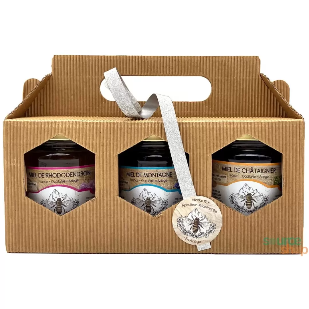 Coffret 3 miels bio des Pyrénées – Rhododendron, Montagne & Châtaignier – Ferme de Charmagat