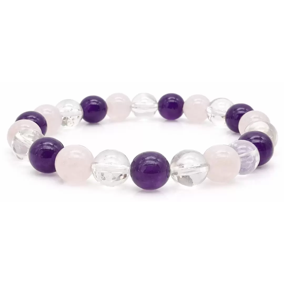 Bracelet triangle d'or : améthyste, cristal de roche, quartz rose