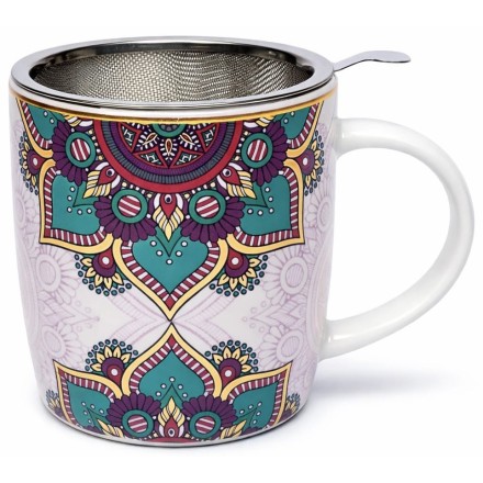 Mug à infusion en porcelaine Mandala turquoise + filtre en inox