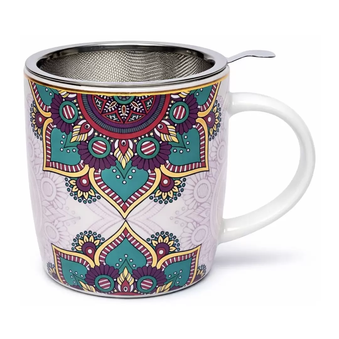 Mug à infusion en porcelaine Mandala turquoise + filtre en inox
