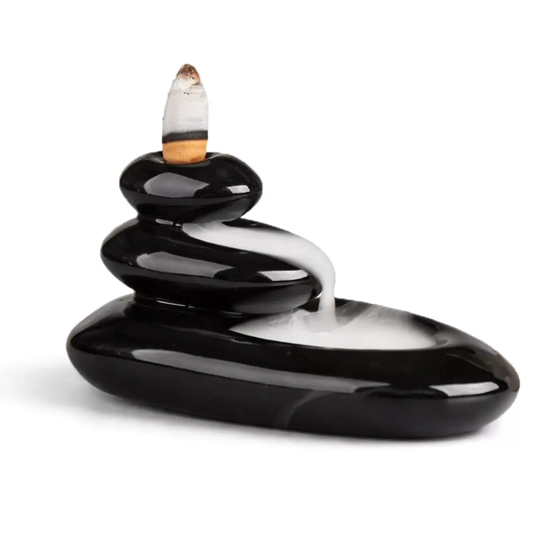 Brûleur d’encens backflow galets en céramique noire | Cascade de fumée