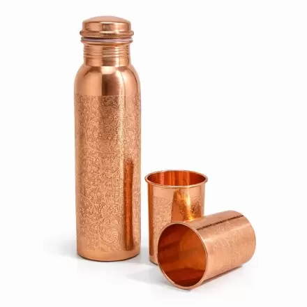 Coffret gourde cuivre 950ml & 2 verres 250ml – Motif floral