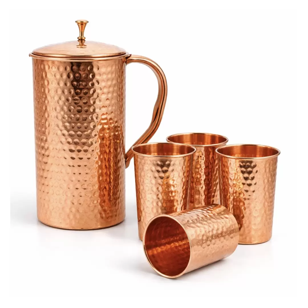 Coffret carafe à eau + 4 verres en cuivre martelé