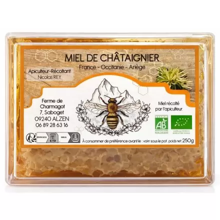 Miel en rayon de Châtaigner BIO des Pyrénées - Ferme de Charmagat