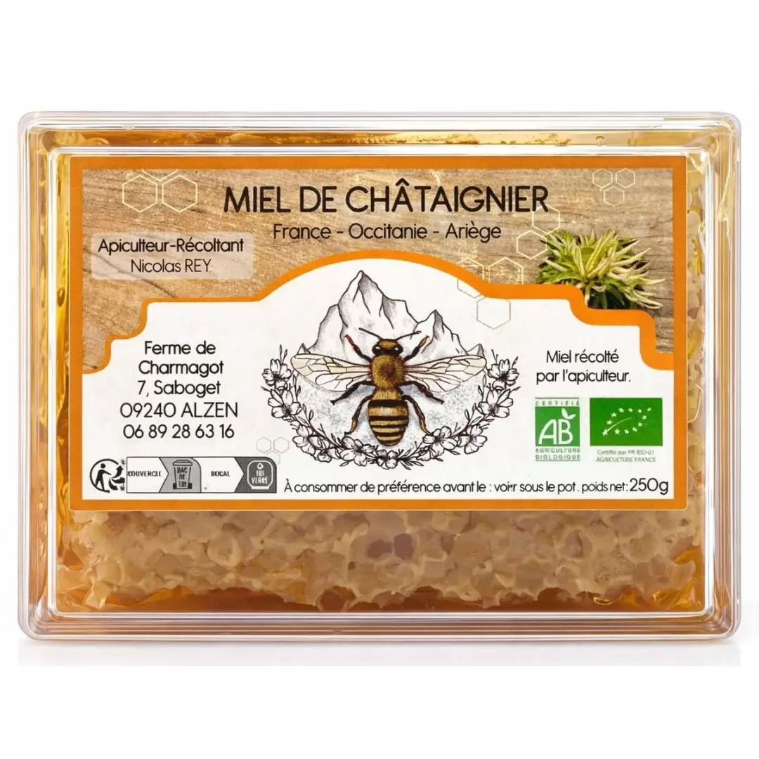 Miel en rayon de Châtaigner BIO des Pyrénées - Ferme de Charmagat