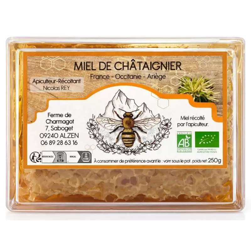 Miel en rayon de Châtaigner BIO des Pyrénées - Ferme de Charmagat