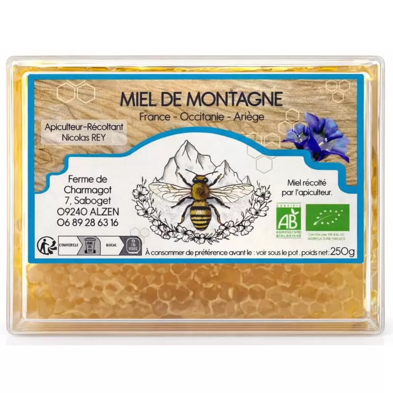 Miel en rayon de Montagne BIO des Pyrénées - Ferme de Charmagat