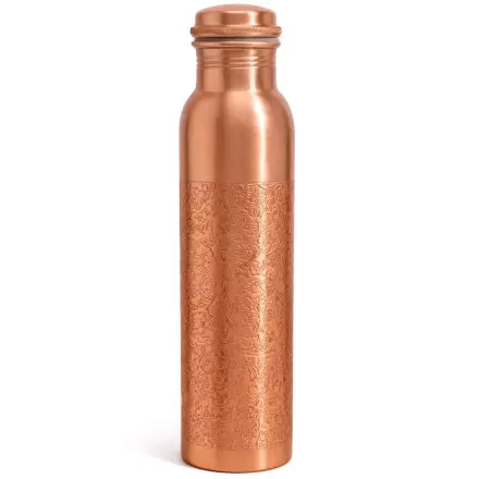 Gourde en cuivre mat motif floral grave 950ml - bouteille ayurvedique cuivre pur
