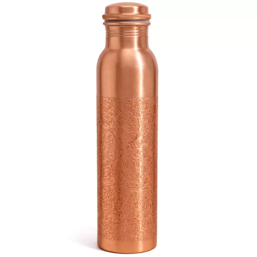 Gourde en cuivre mat motif floral grave 950ml - bouteille ayurvedique cuivre pur