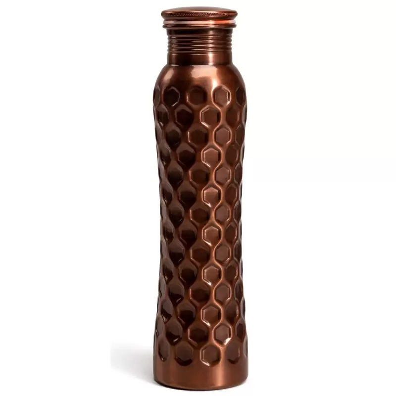 Gourde en cuivre antique nid d'abeille courbée 950ml - bouteille cuivre hexagonale ayurvedique