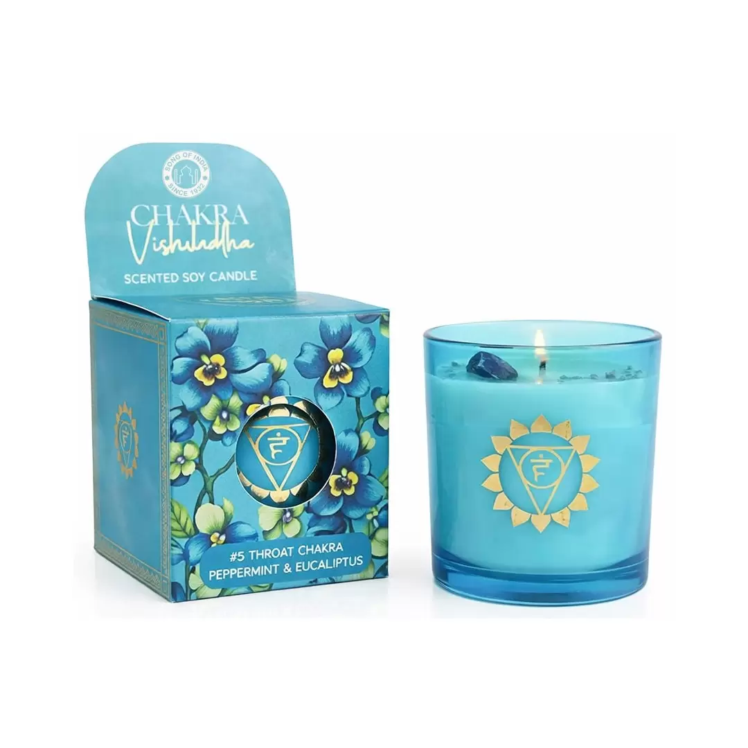 Bougie Menthe Poivrée, Eucalyptus & Lapis Lazuli – Chakra Vishuddha | Song of India