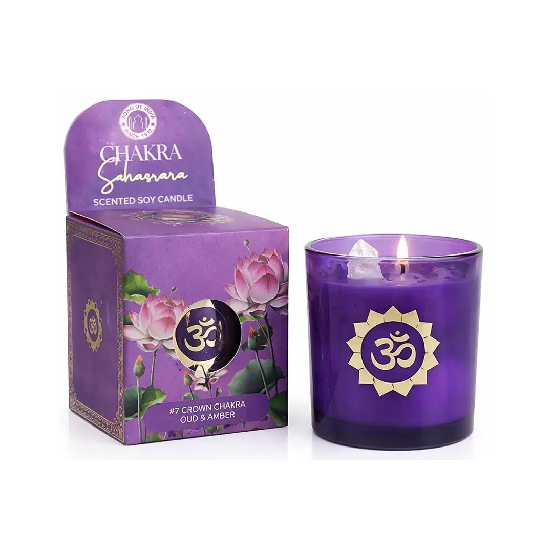 Bougie Oud, Ambre & Cristal de Roche – Chakra Couronne | Song of India