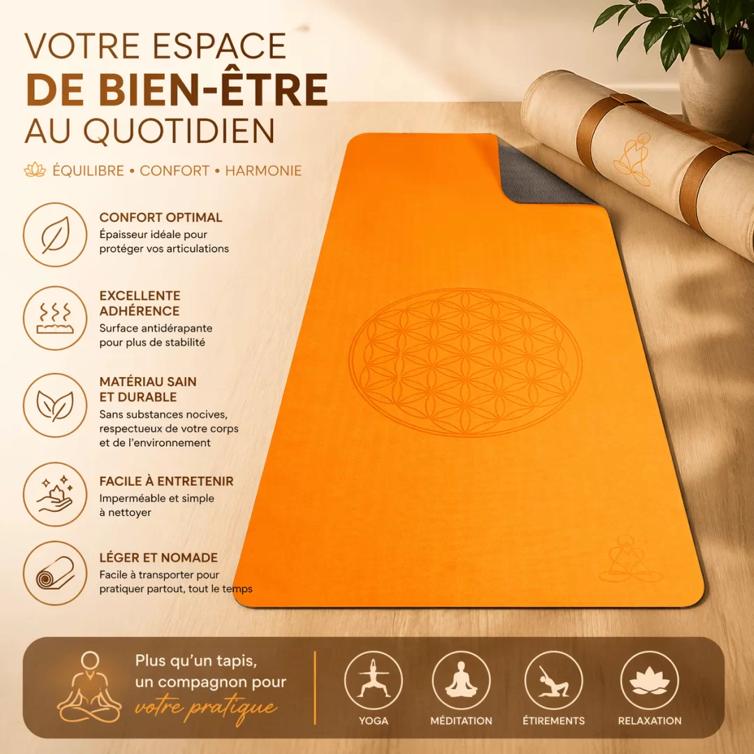 Tapis de yoga orange Fleur de Vie – écologique & antidérapant