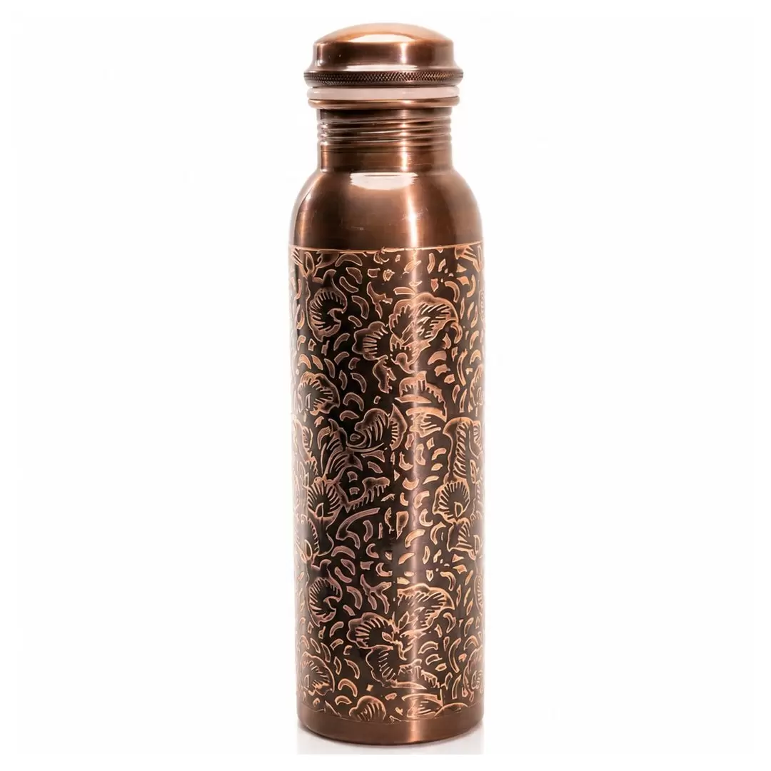 Gourde cuivre antique motif floral 950ml – Bouteille ayurvédique