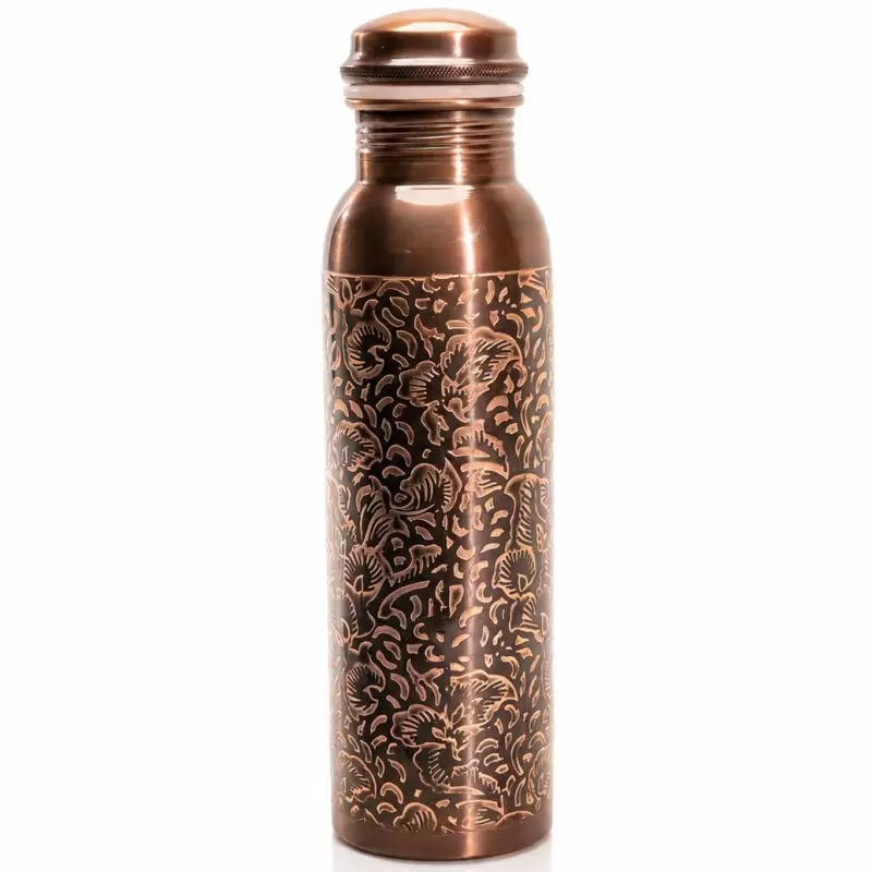 Gourde cuivre antique motif floral 950ml – Bouteille ayurvédique