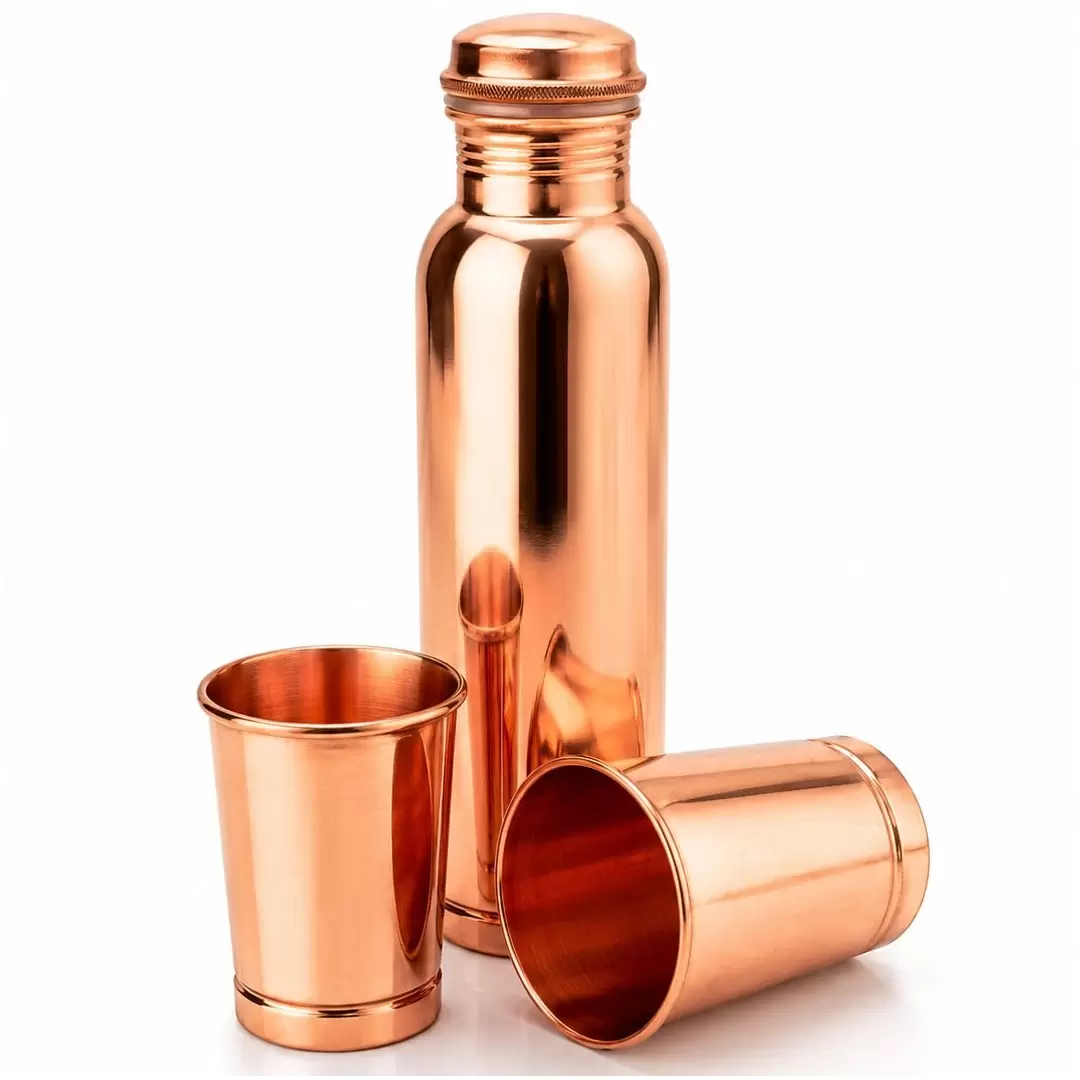Coffret gourde cuivre lisse 950ml + 2 verres cuivre pur 300ml assortis ayurveda