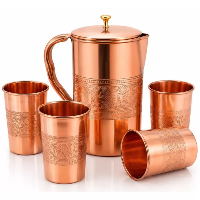 Coffret carafe à eau en cuivre gravée 1,5L avec 4 verres assortis en cuivre pur motif floral