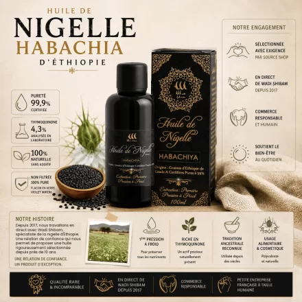 Huile de nigelle Habachia d'Éthiopie 100 ml Wadi Shibam – pureté 99,9 %, première pression à froid, thymoquinone 4,3 %
