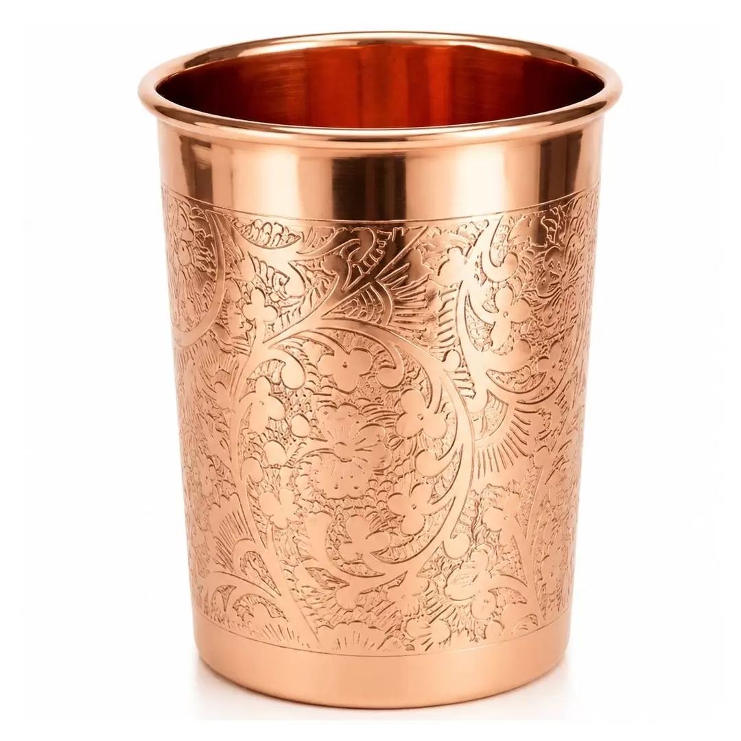 Verre en cuivre pur 300ml avec gravure florale artisanale pour eau cuivrée et Ayurveda