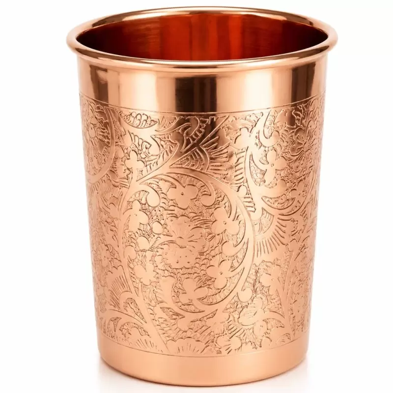 Verre en cuivre pur 300ml avec gravure florale artisanale pour eau cuivrée et Ayurveda