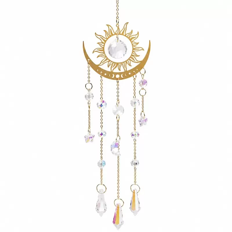 Attrape-soleil Soleil & Lune doré avec cristaux - 44 cm