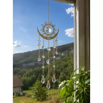 Attrape-soleil Soleil & Lune doré avec cristaux - 44 cm