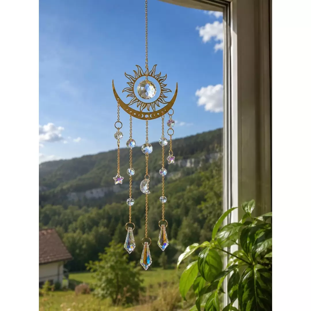 Attrape-soleil Soleil & Lune doré avec cristaux - 44 cm