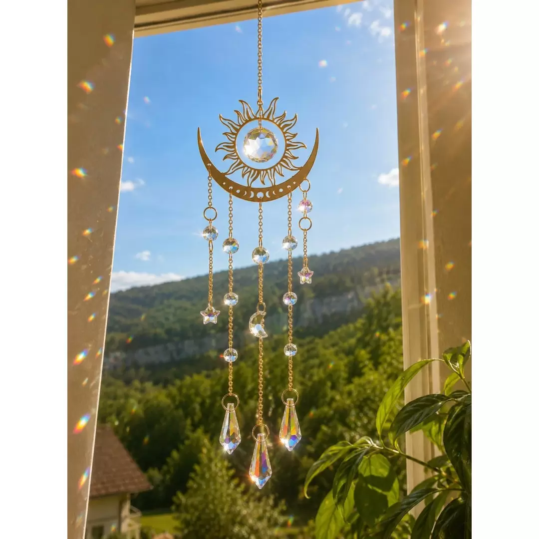 Attrape-soleil Soleil & Lune doré avec cristaux - 44 cm