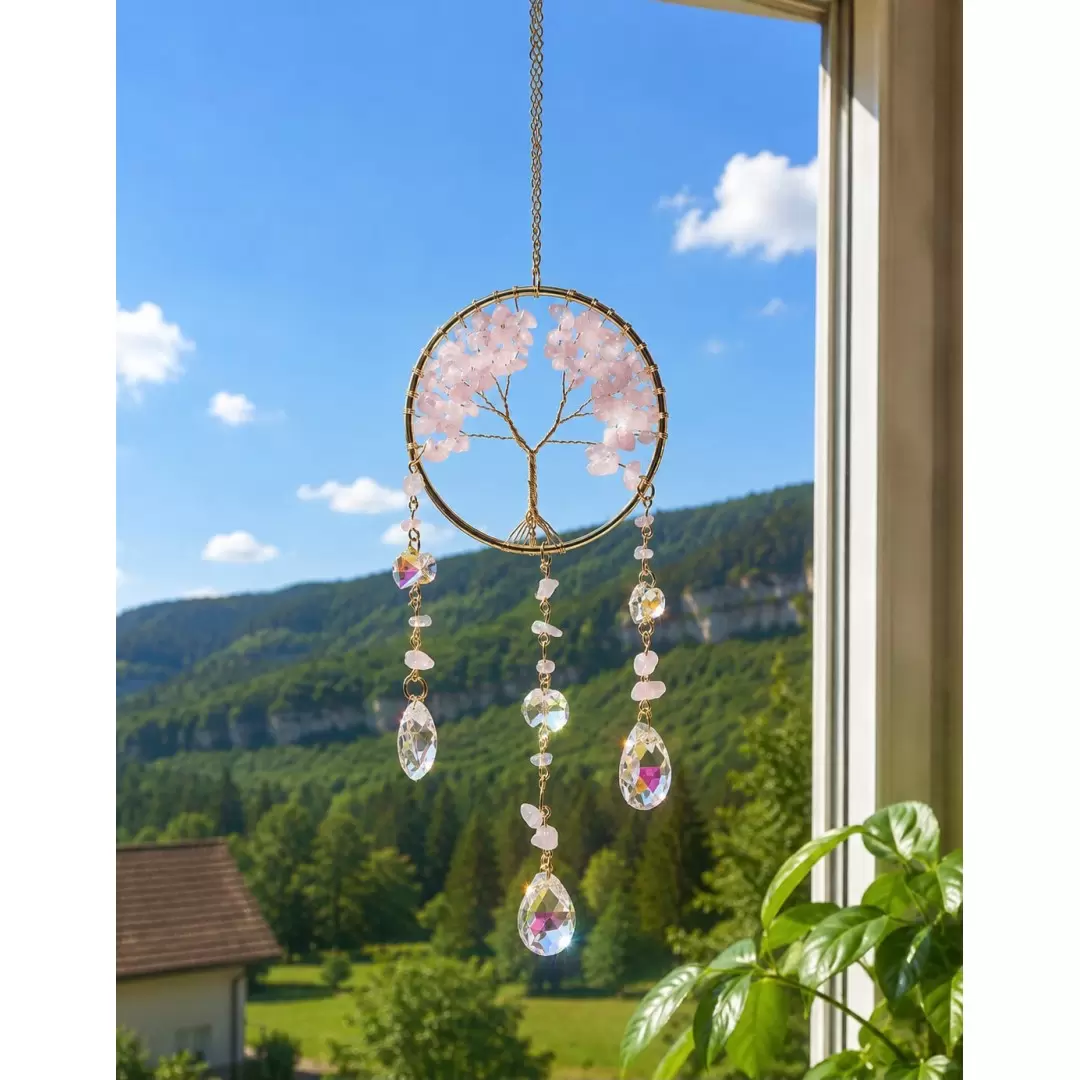 Attrape-soleil Arbre de Vie, Quartz Rose & Cristaux - Mobile
