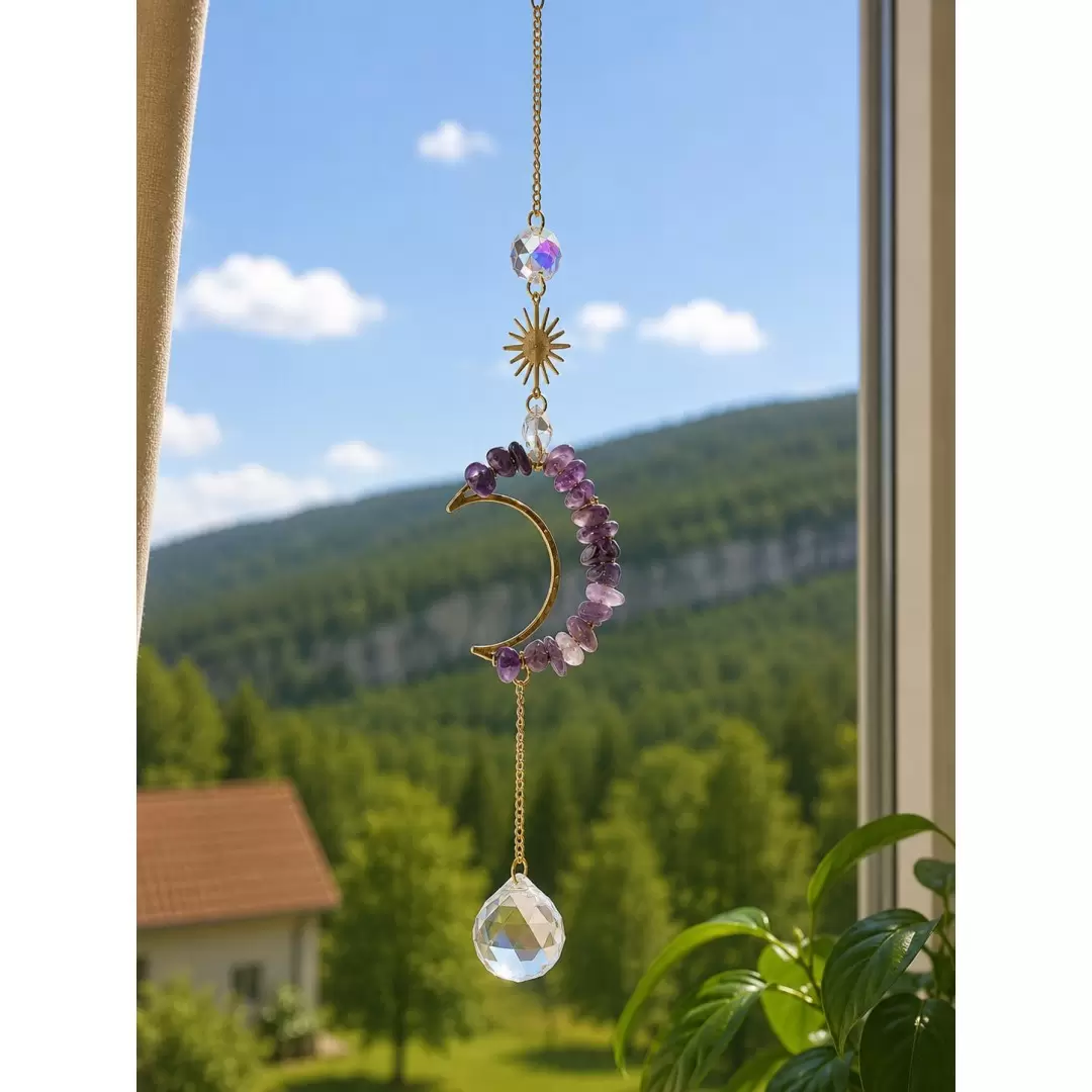 Attrape-soleil Lune, Améthyste & Cristaux - 30cm