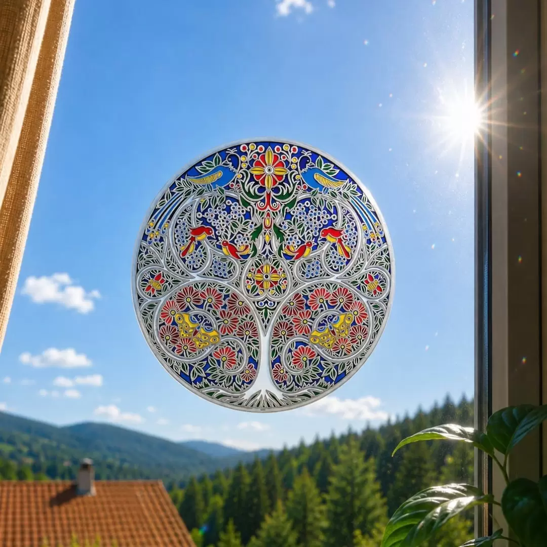 Grand adhésif / sticker attrape-soleil Arbre de vie vitrail
