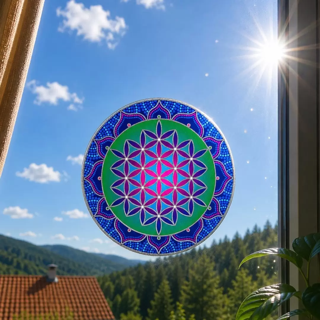 Grand adhésif / sticker attrape-soleil Fleur de Vie sacrée