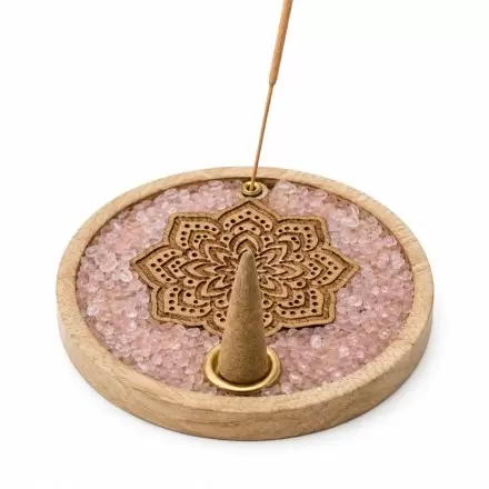 Porte-encens en bois & quartz rose – Mandala