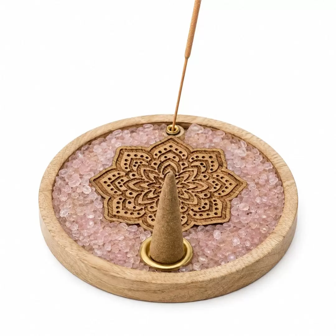 Porte-encens en bois & quartz rose – Mandala