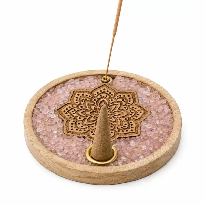 Porte-encens en bois & quartz rose – Mandala