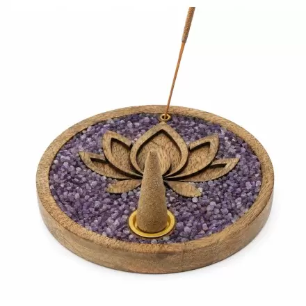 Porte-encens rond en bois & améthyste – Lotus
