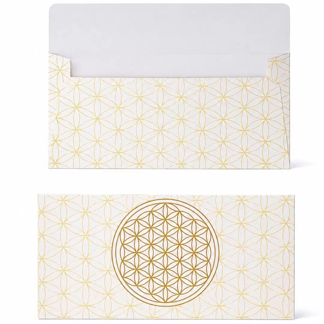 Carte de vœux avec enveloppe – Fleur de Vie Blanc & Or
