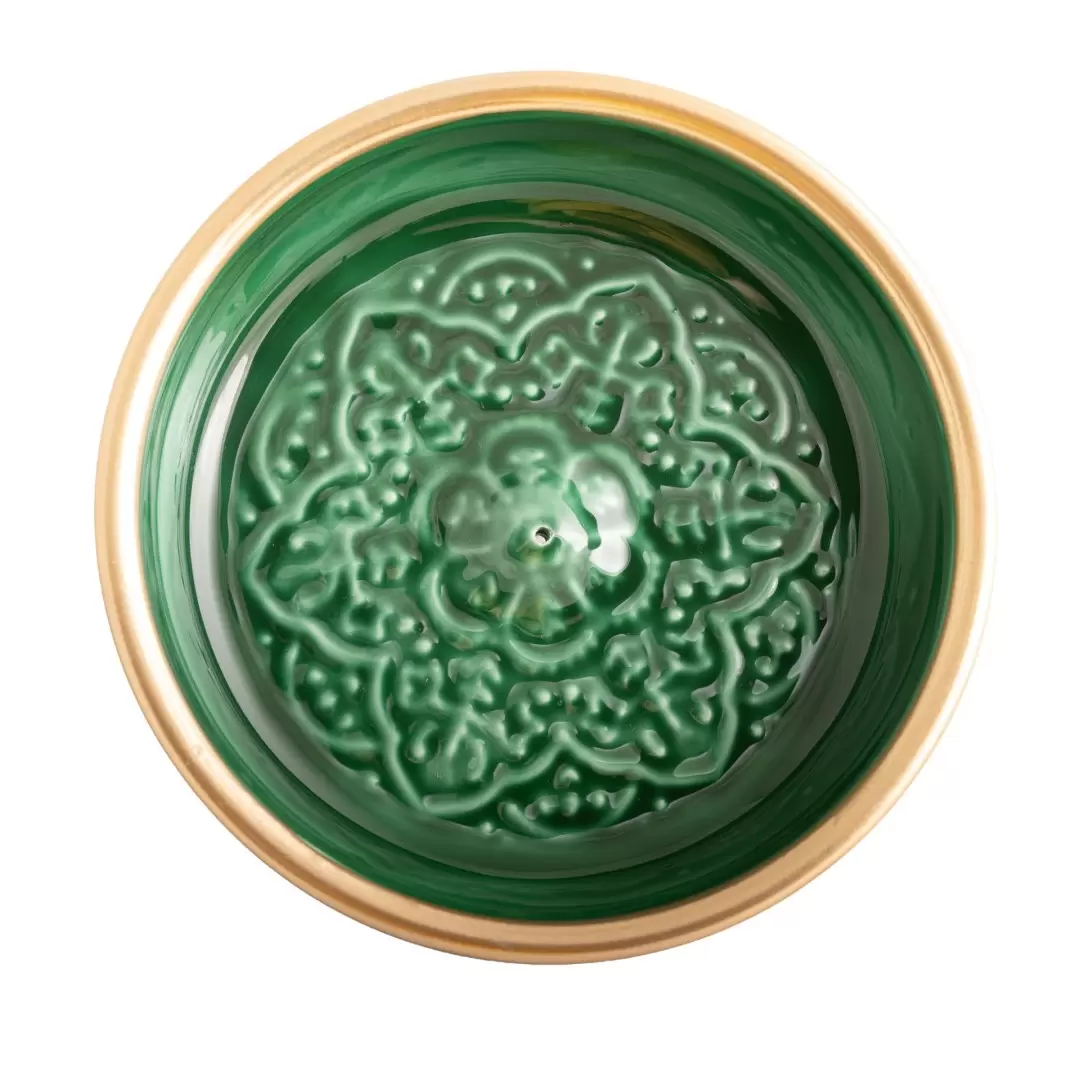 Porte-encens Mandala vert en métal émaillé et doré