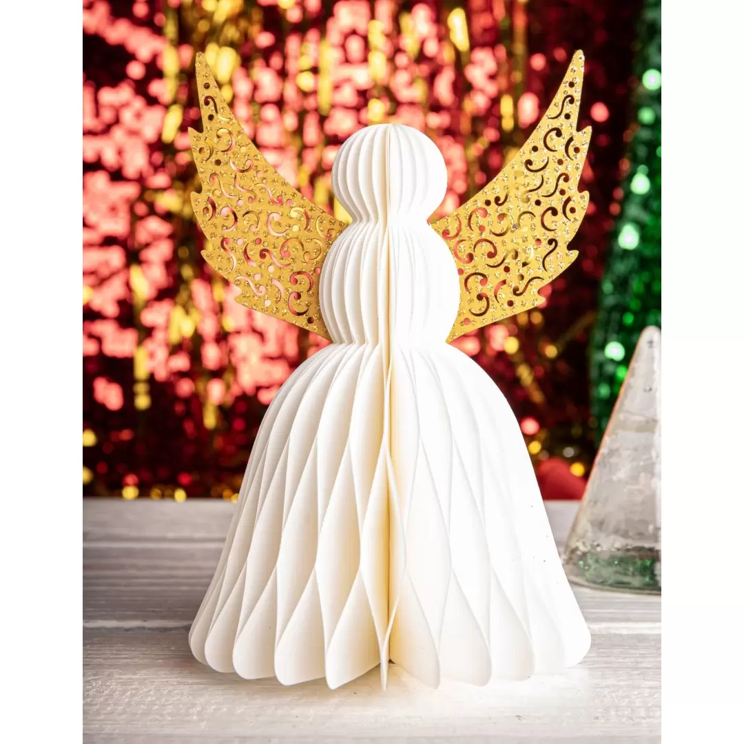 Grand Ange de Noël Blanc et Doré en Papier | 20 cm