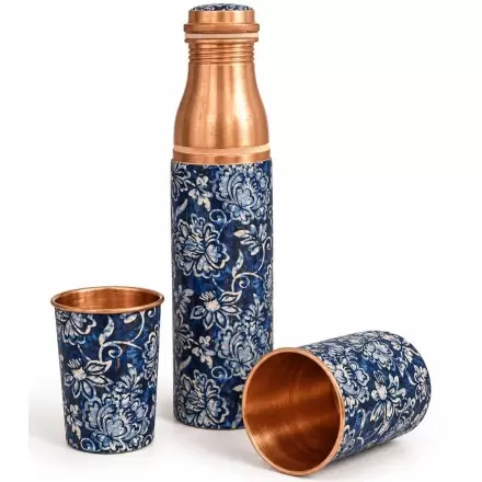 Coffret gourde en cuivre Fleurie Bleue 950ml & 2 verres 300ml