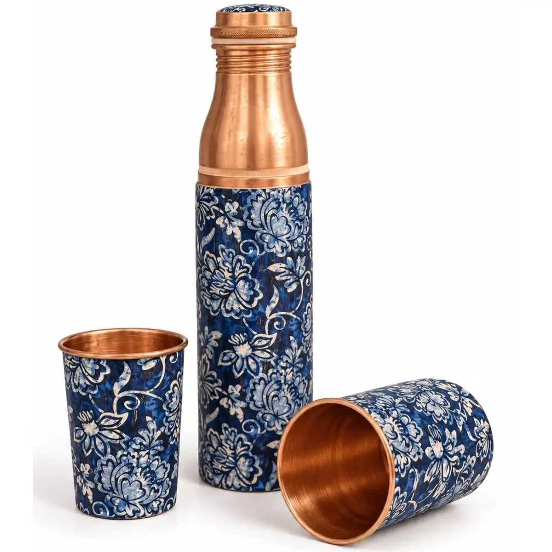Coffret gourde en cuivre Fleurie Bleue 950ml & 2 verres 300ml