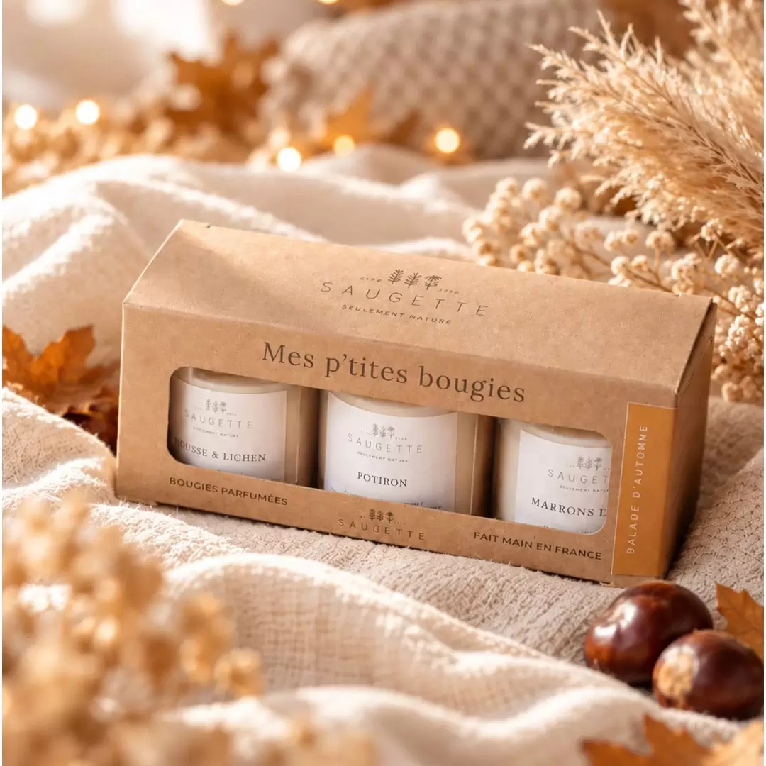 Coffret 3 Bougies parfumées et artisanales Balade d'Automne | Saugette