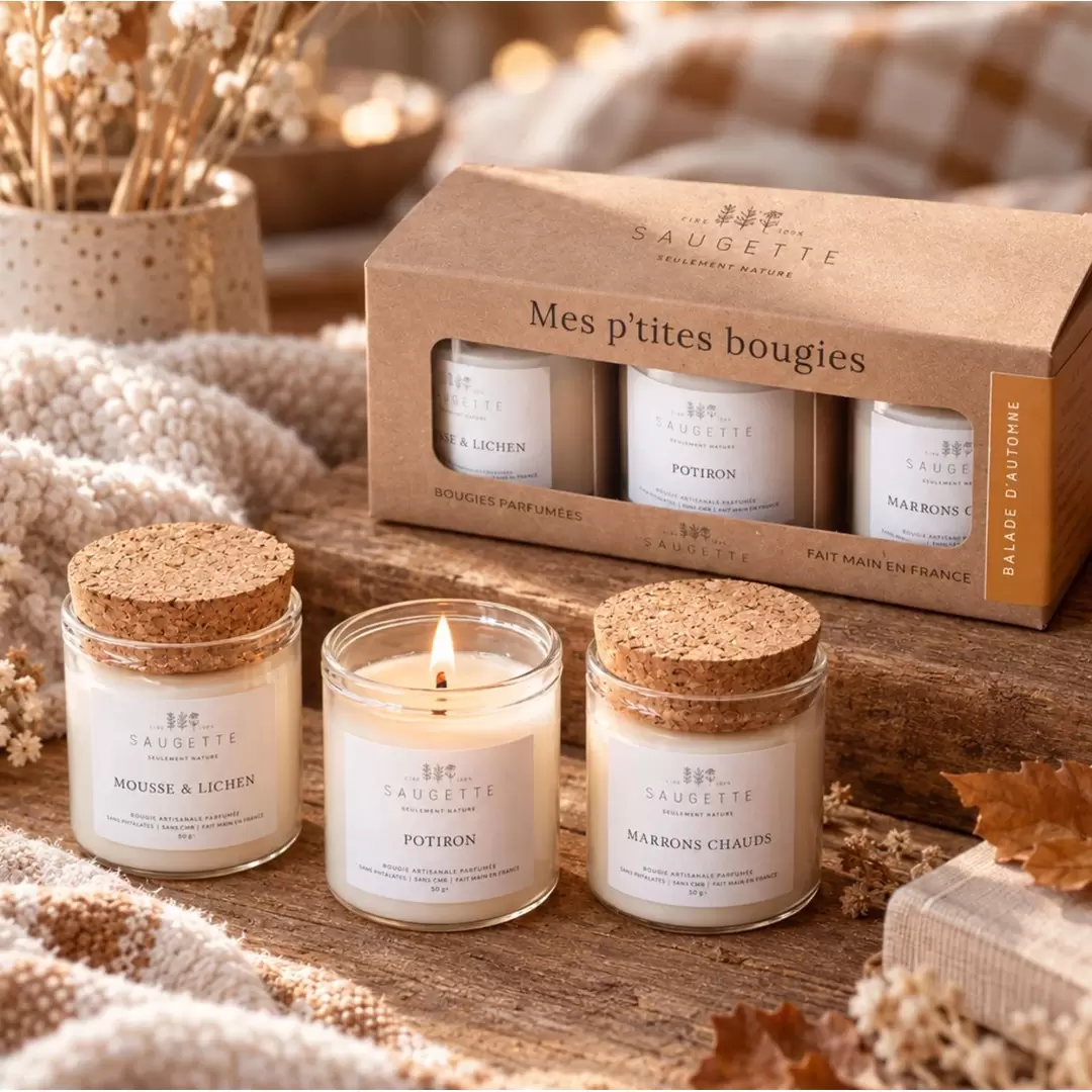Coffret 3 Bougies parfumées et artisanales Balade d'Automne | Saugette