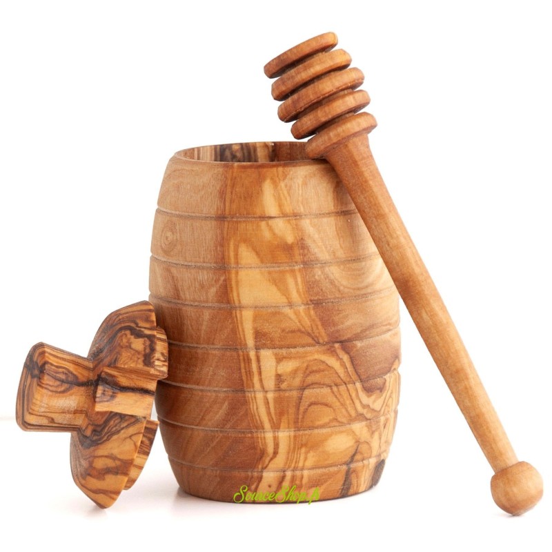Ensemble Pot à miel en bois d'olivier naturel avec sa cuillère et son  couvercle - Cuillère à miel seul ou par deux - 14 x 8 cm